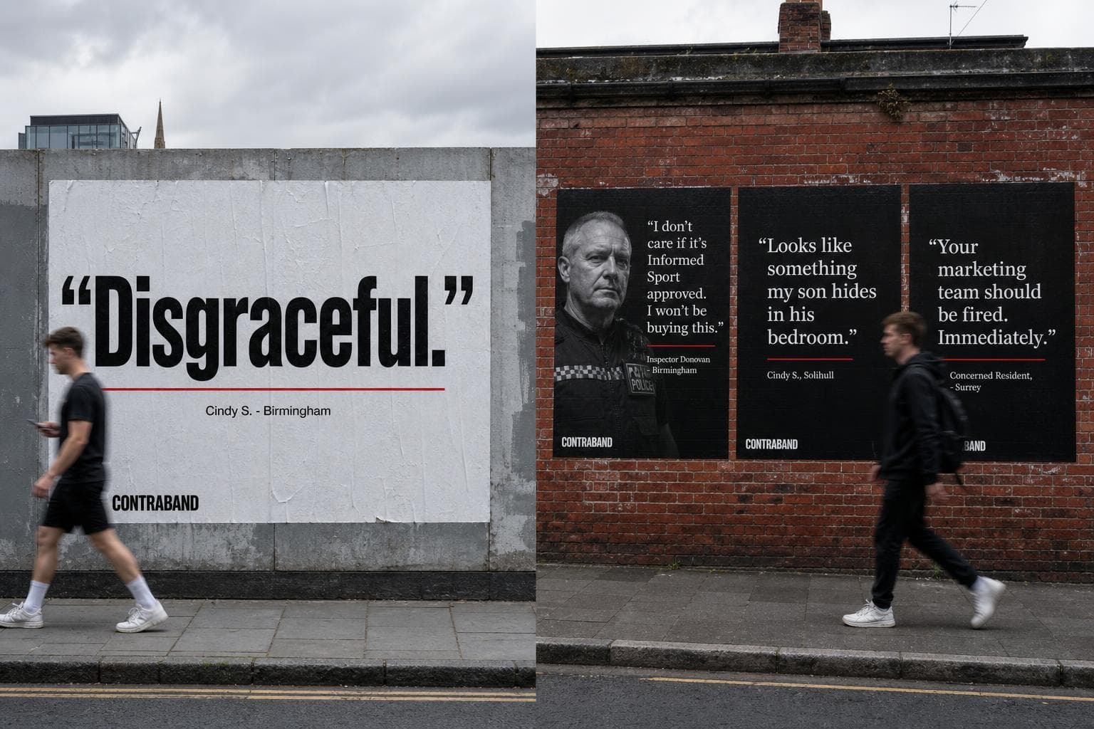Three black wheatpasted Contraband posters on a brick wall, each with a satirical anti-endorsement quote